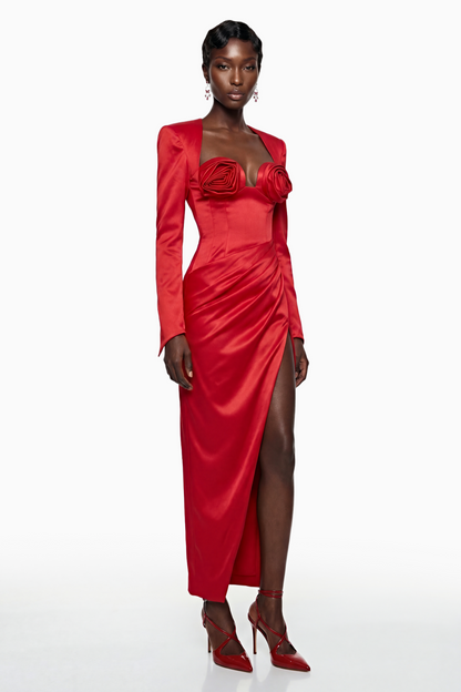 Zanele Red Ruched Maxi Dress with 3D Petals