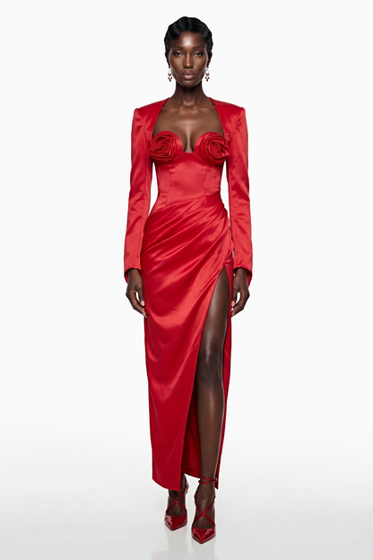 Zanele Red Ruched Maxi Dress with 3D Petals