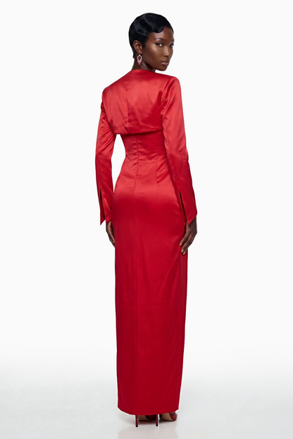 Zanele Red Ruched Maxi Dress with 3D Petals