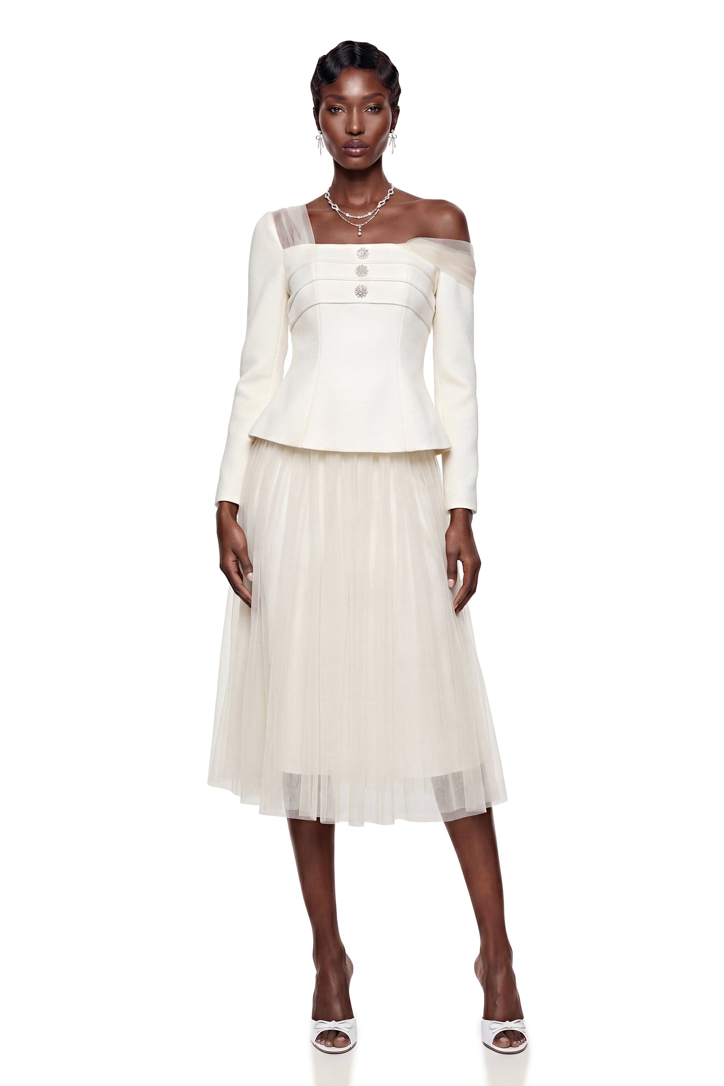 Zaria White Asymmetrical Blouse & Tulle Skirt Set