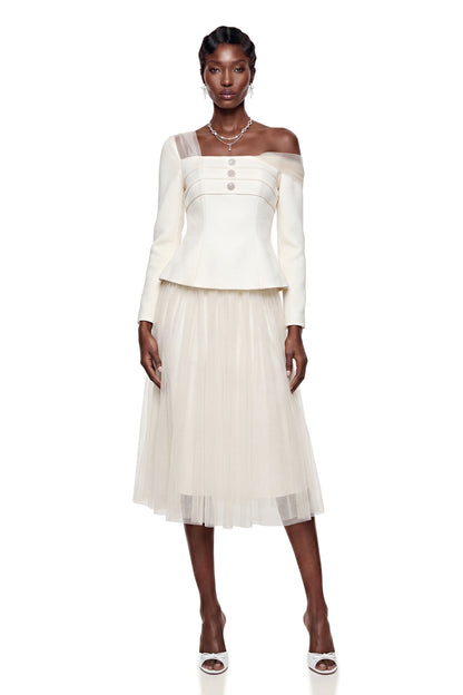 Zaria White Asymmetrical Blouse & Tulle Skirt Set