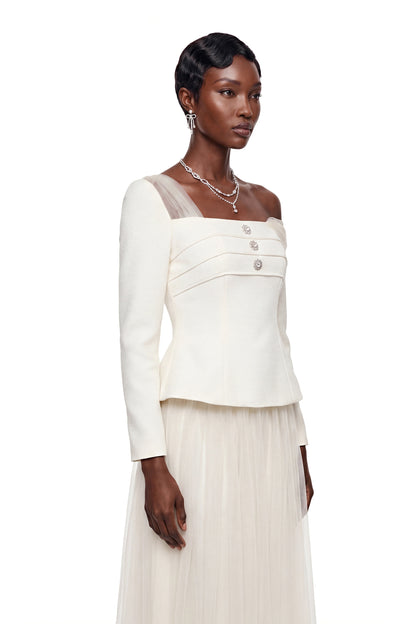 Zaria White Asymmetrical Blouse & Tulle Skirt Set