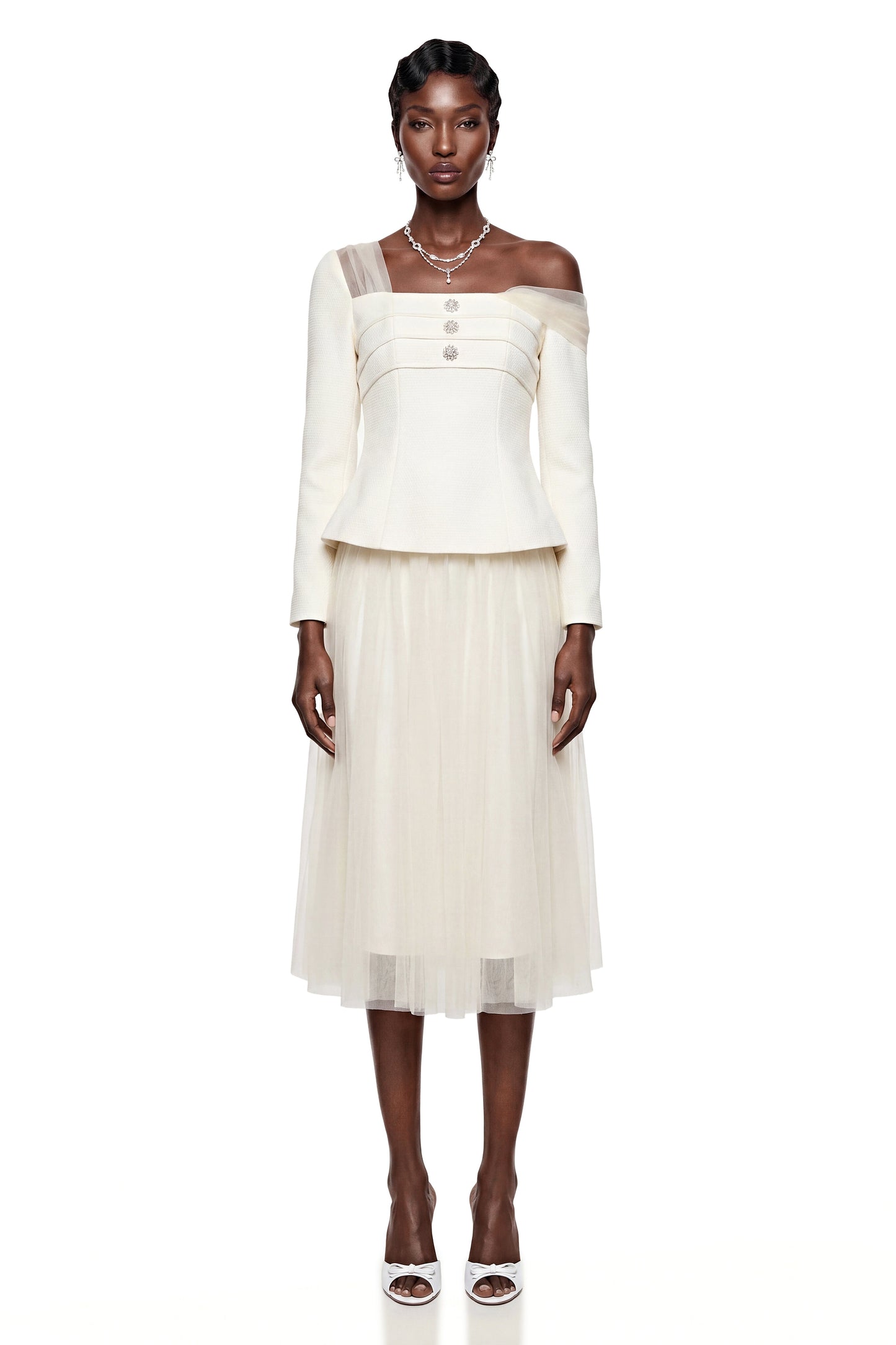 Zaria White Asymmetrical Blouse & Tulle Skirt Set
