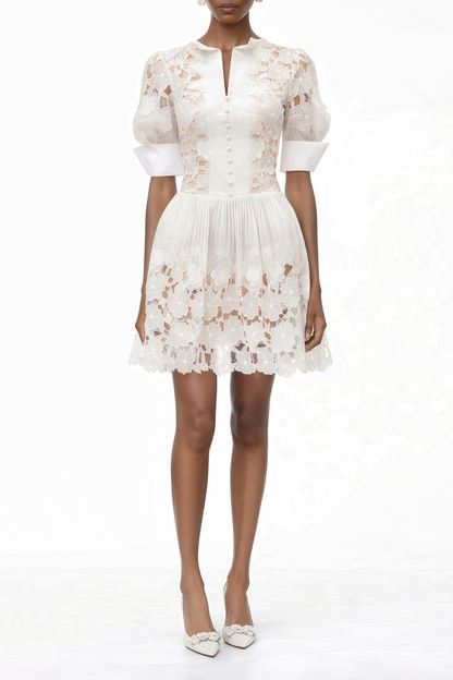 Zaria White Floral Appliqué Mini Dress with Cut-Outs