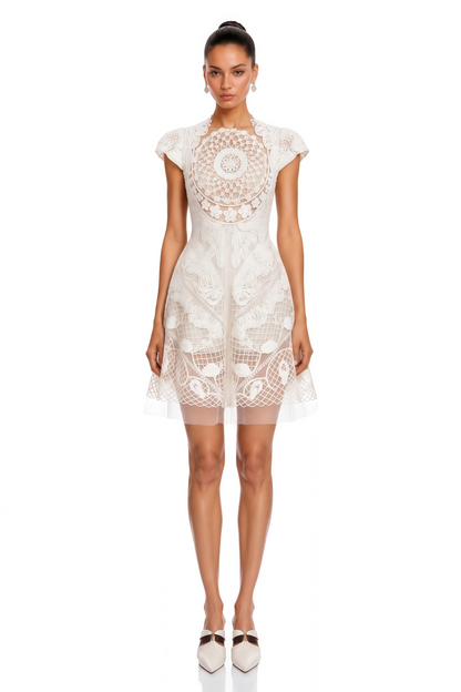 Zdislava White Crochet Knit Floral Mini Dress