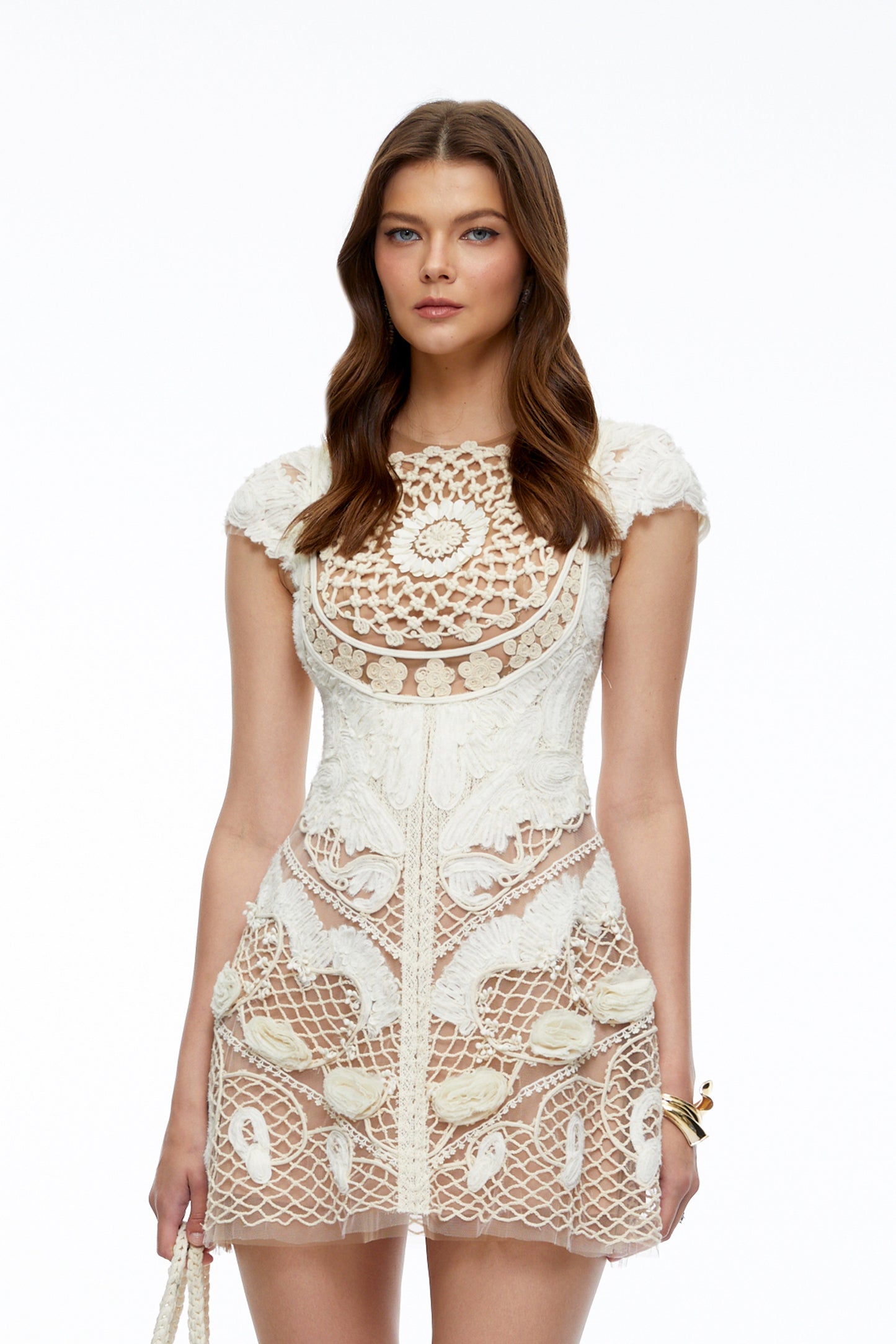 Zdislava White Crochet Knit Floral Mini Dress