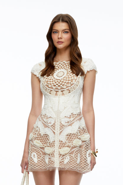 Zdislava White Crochet Knit Floral Mini Dress