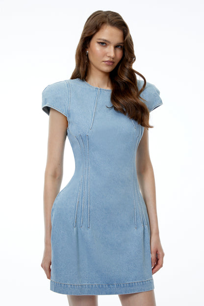 Zehra Blue Denim Mini Dress with Cap Sleeves