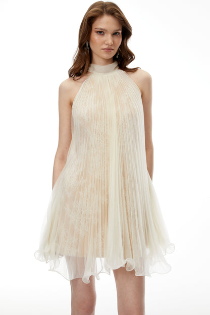 Zélie Neutral Ruffled Pleated Mini Dress
