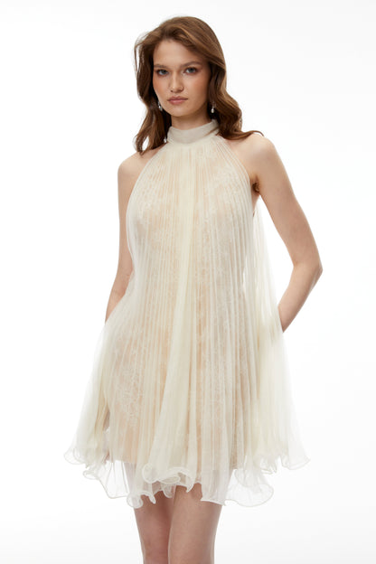 Zélie Neutral Ruffled Pleated Mini Dress