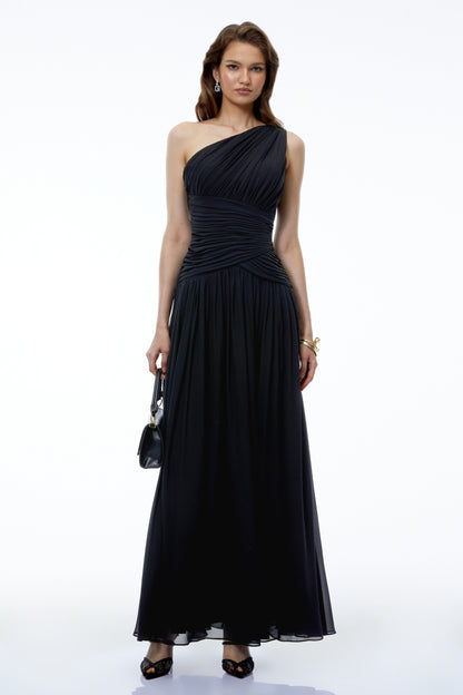 Zeliha Black One Shoulder Cross Front Ruched Maxi Dress