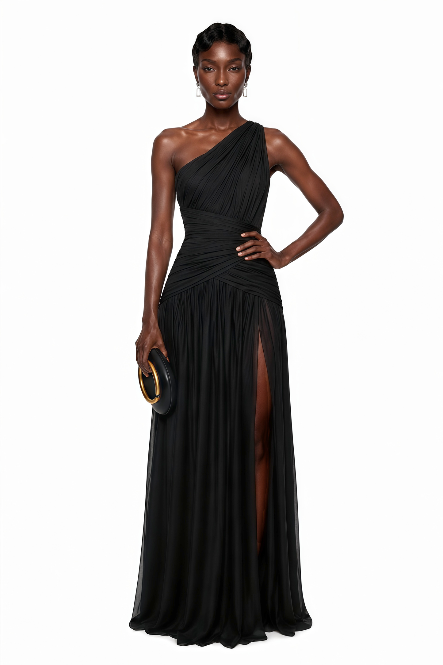 Zeliha Black One Shoulder Cross Front Ruched Maxi Dress