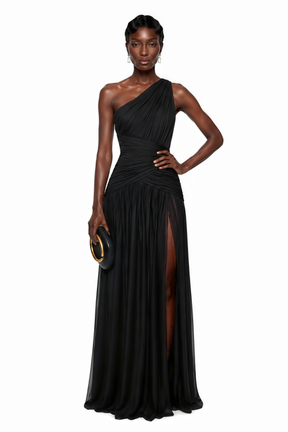 Zeliha Black One Shoulder Cross Front Ruched Maxi Dress