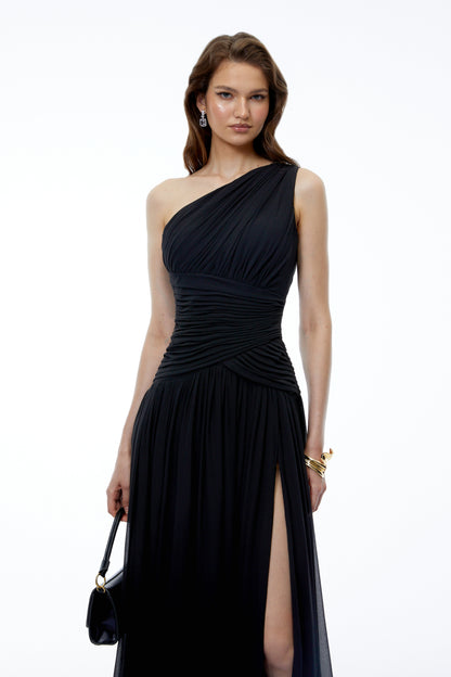 Zeliha Black One Shoulder Cross Front Ruched Maxi Dress