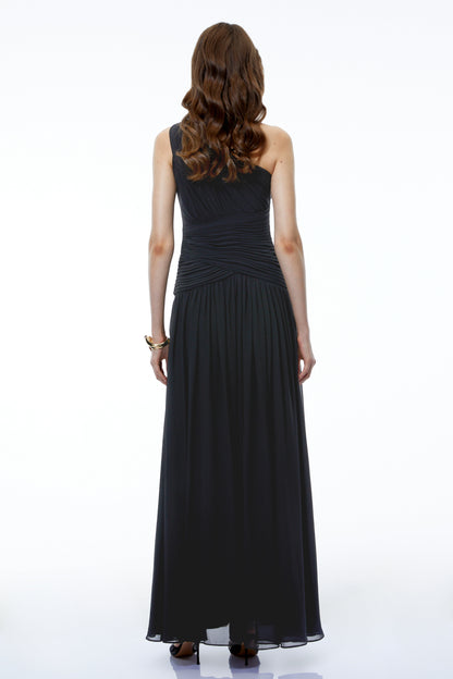 Zeliha Black One Shoulder Cross Front Ruched Maxi Dress