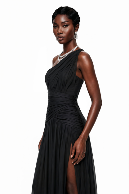 Zeliha Black One Shoulder Cross Front Ruched Maxi Dress