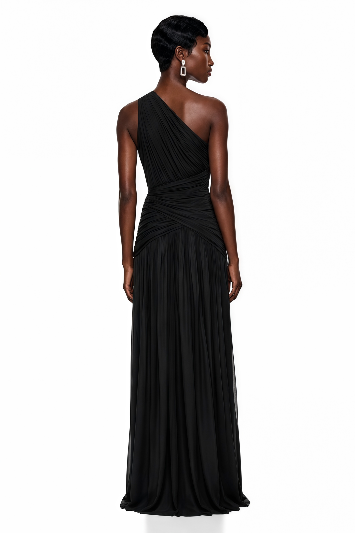 Zeliha Black One Shoulder Cross Front Ruched Maxi Dress