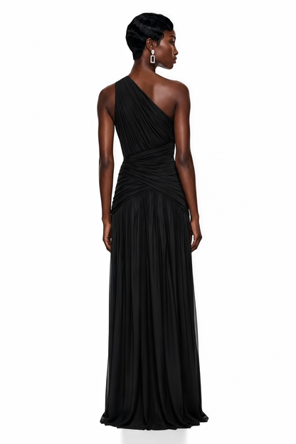 Zeliha Black One Shoulder Cross Front Ruched Maxi Dress