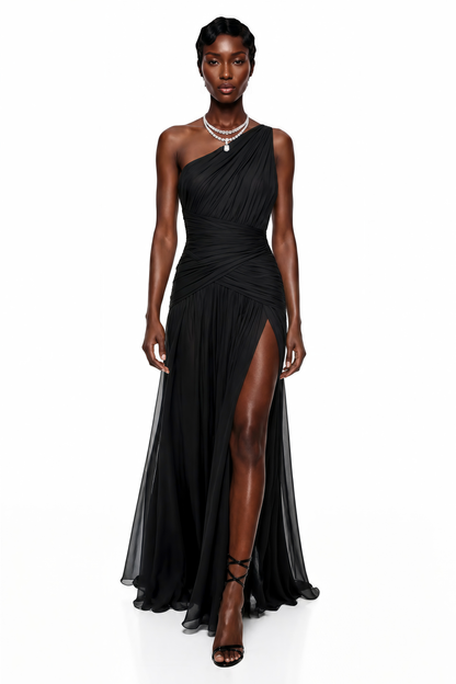 Zeliha Black One Shoulder Cross Front Ruched Maxi Dress