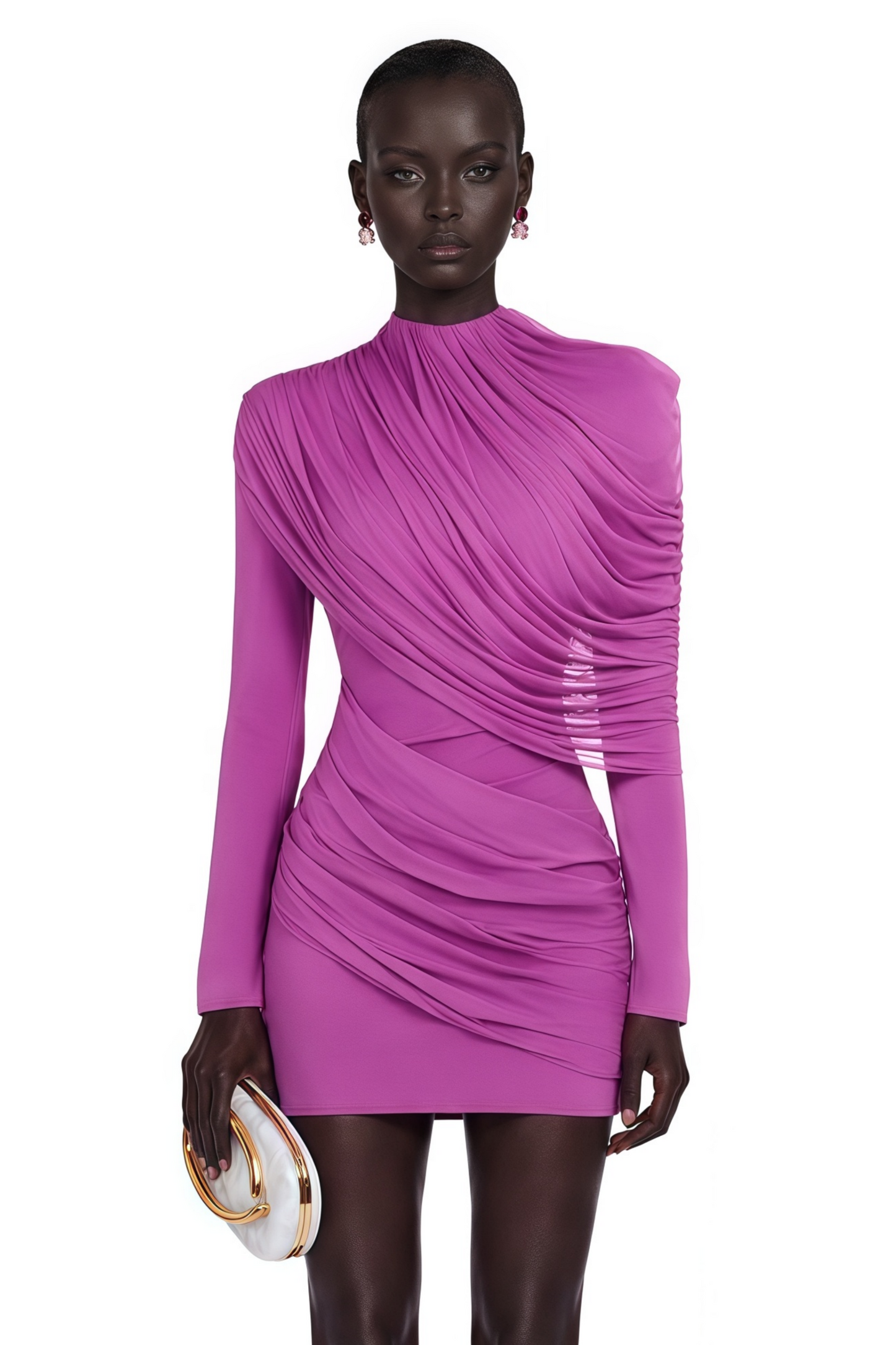 Zelmira Fuchsia Draped Long Sleeves Mini Dress