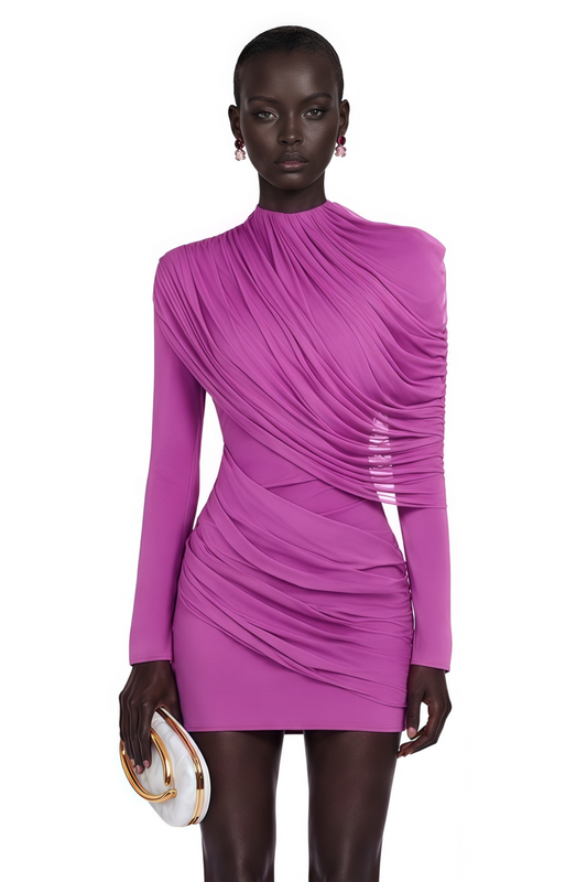 Zelmira Fuchsia Draped Long Sleeves Mini Dress