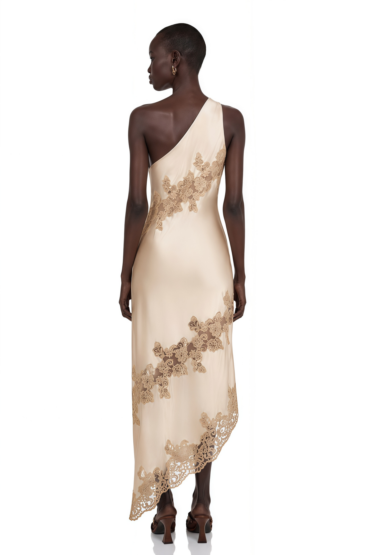 Zeynep Champagne Satin Maxi Dress with Lace Panels