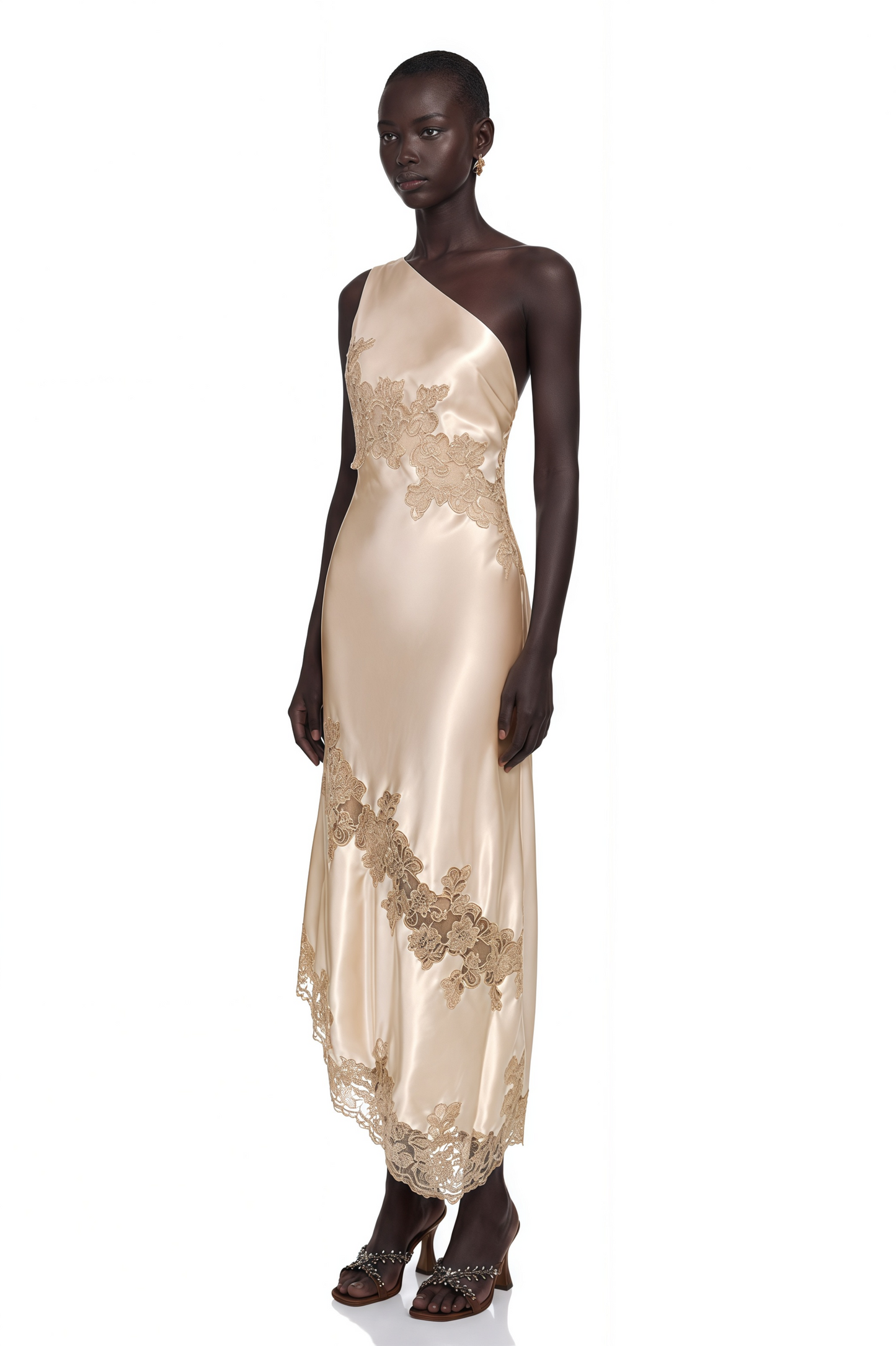 Zeynep Champagne Satin Maxi Dress with Lace Panels