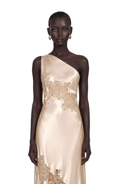 Zeynep Champagne Satin Maxi Dress with Lace Panels