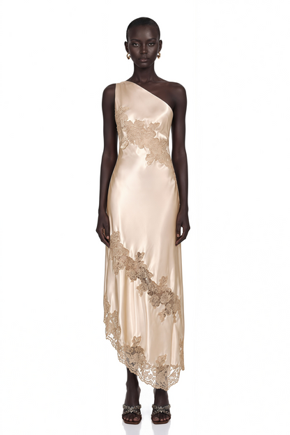 Zeynep Champagne Satin Maxi Dress with Lace Panels