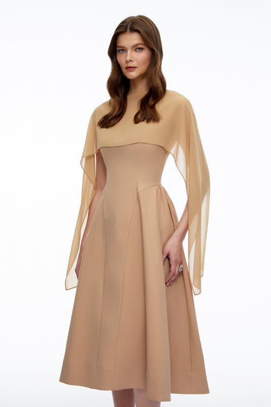 Zeynep Neutral Pleated Midi Dress with Cape