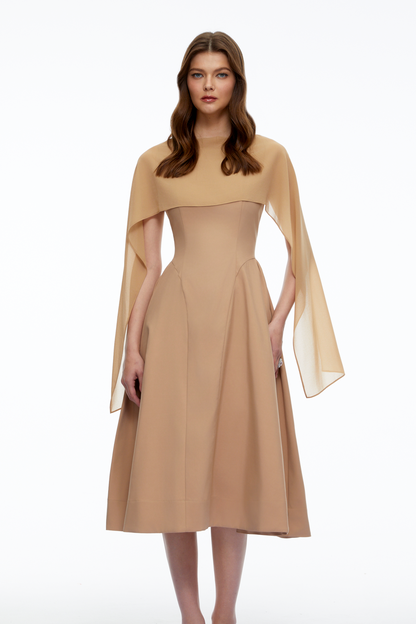 Zeynep Neutral Pleated Midi Dress with Cape