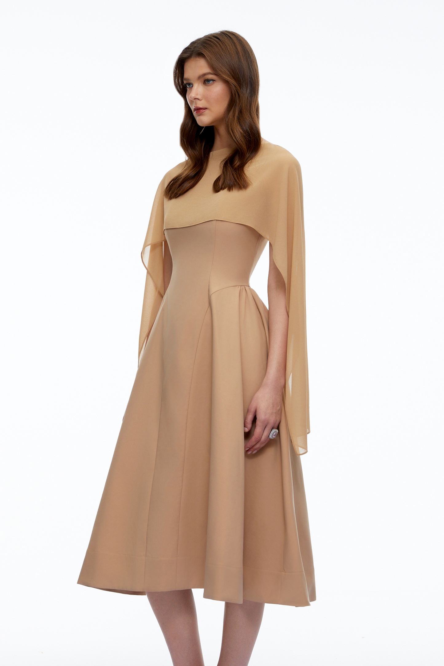 Zeynep Neutral Pleated Midi Dress with Cape