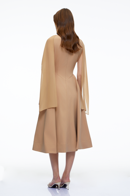 Zeynep Neutral Pleated Midi Dress with Cape