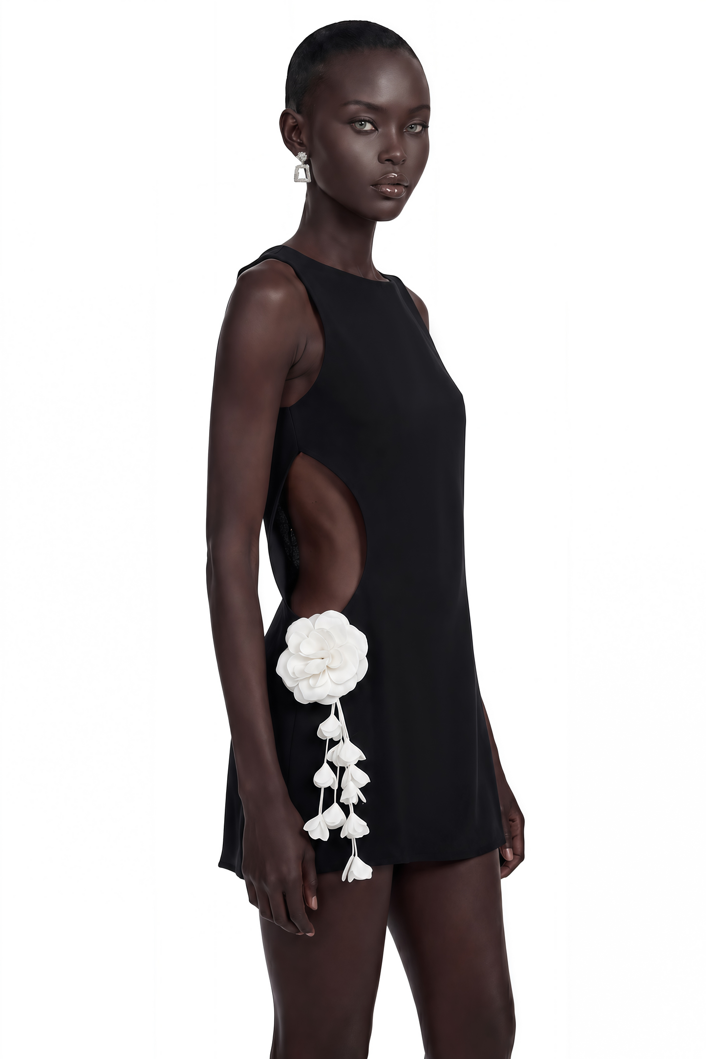Zinnia Black Cut-Out Mini Dress with 3D Petals