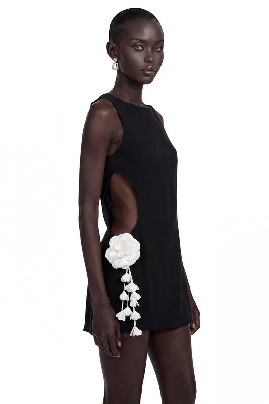 Zinnia Black Cut-Out Mini Dress with 3D Petals