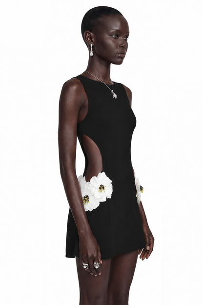 Zinnia Black Embellished Floral Cut-Out Mini Dress
