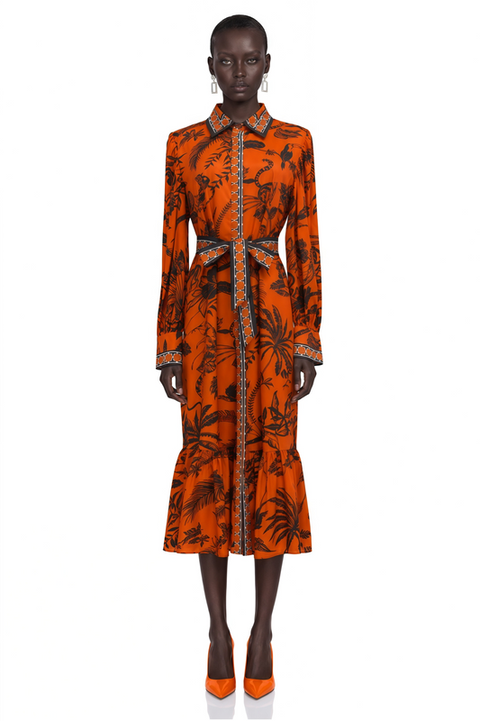 Zinnia Orange Printed Long Sleeve Midi Dress