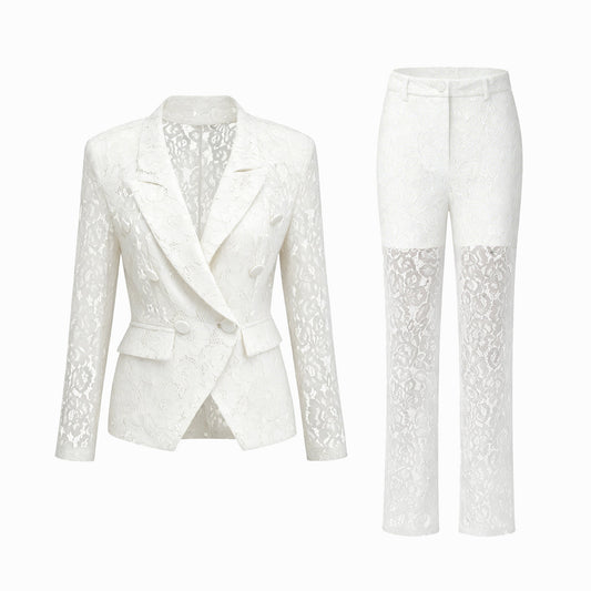 Zoé Sheer Lace Blazer & Trousers Matching Set