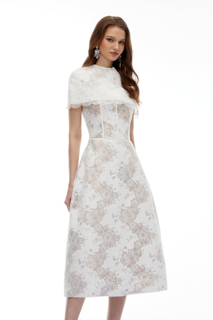 Zohar White Floral Lace Midi Dress with Cape