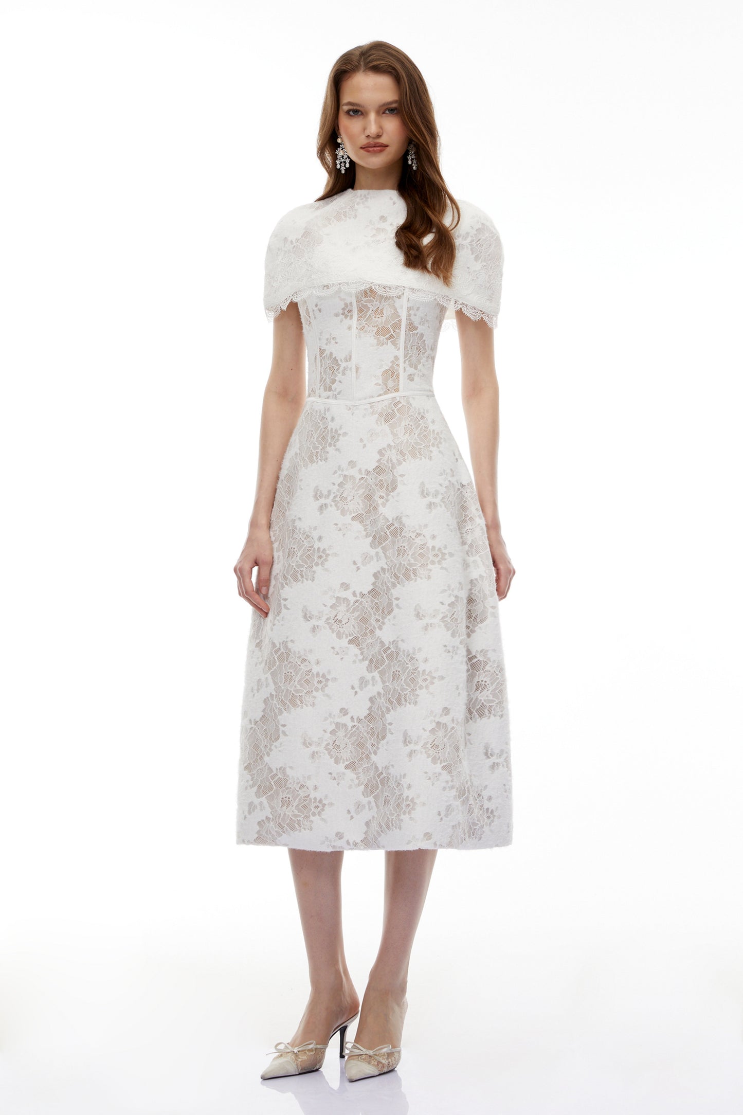 Zohar White Floral Lace Midi Dress with Cape