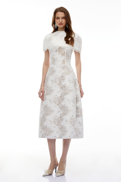 Zohar White Floral Lace Midi Dress with Cape