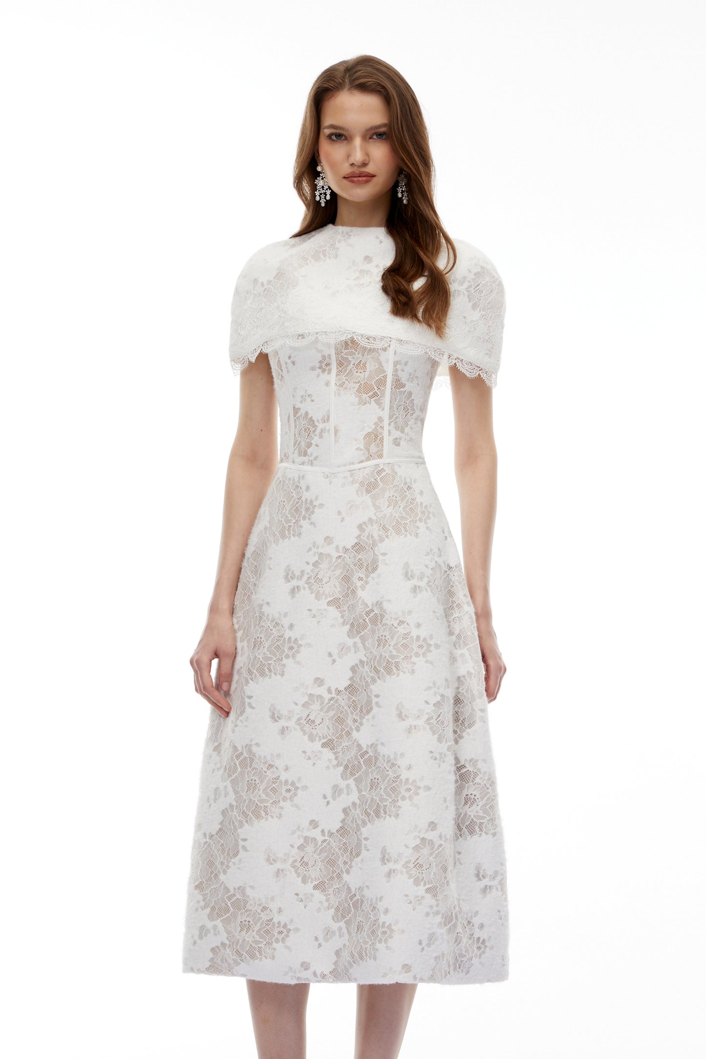 Zohar White Floral Lace Midi Dress with Cape