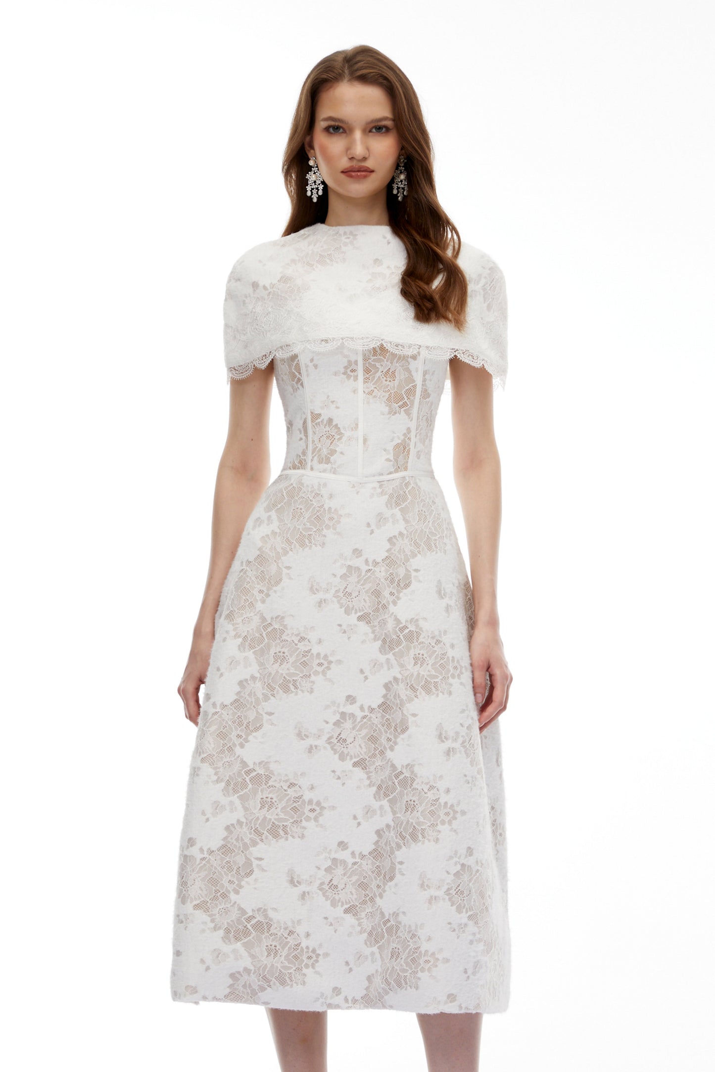Zohar White Floral Lace Midi Dress with Cape
