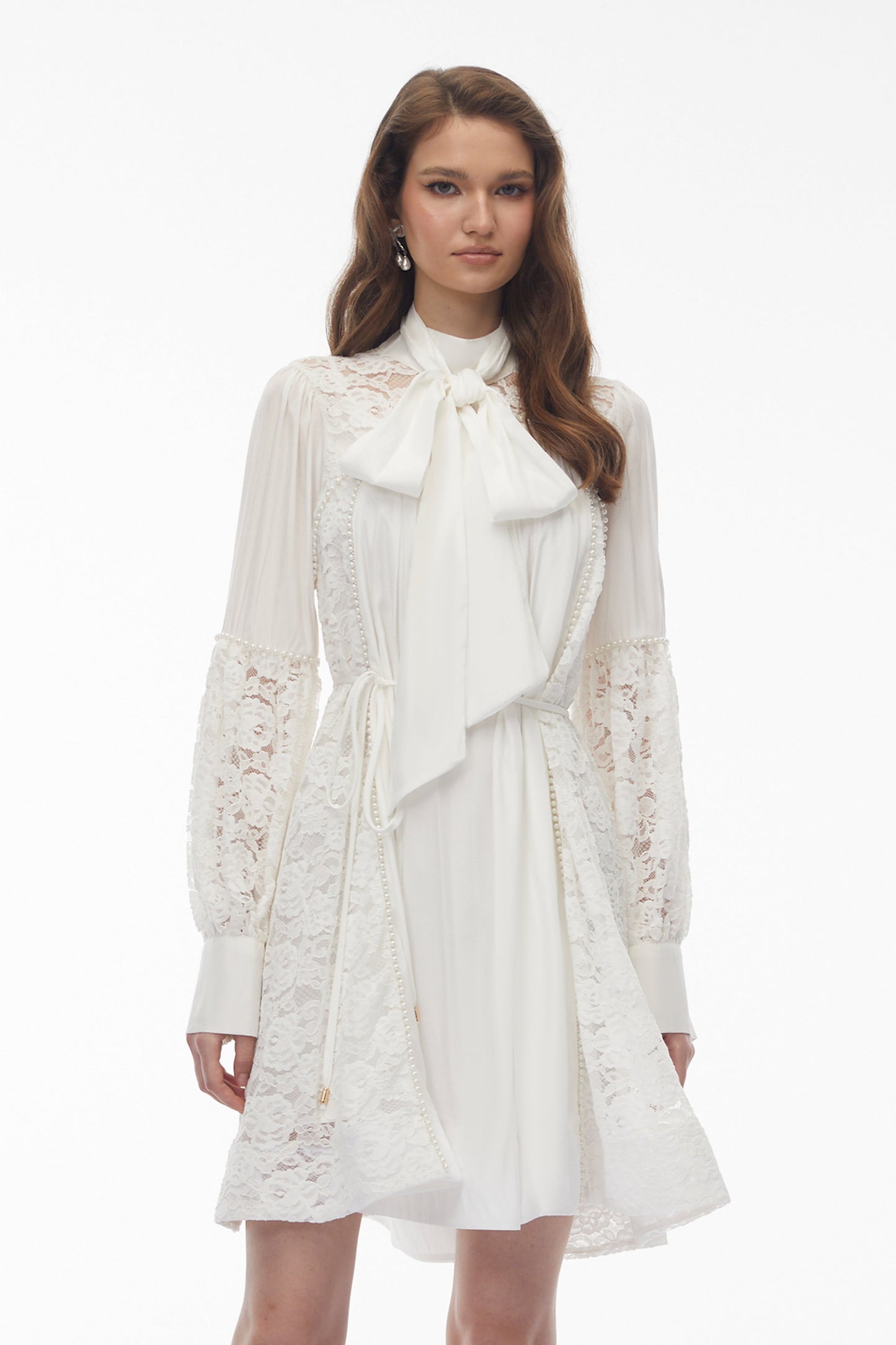 Zosime White Mini Dress with Floral Lace Panels
