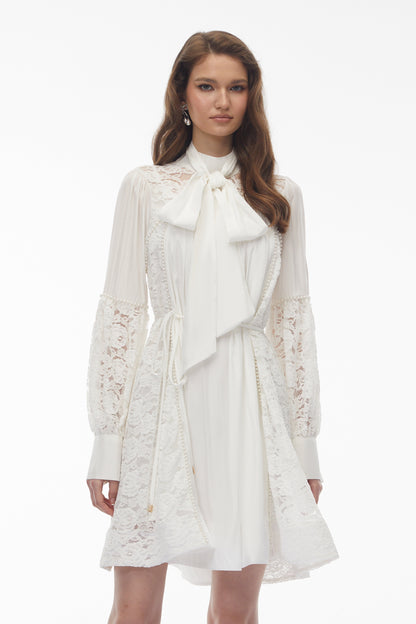 Zosime White Mini Dress with Floral Lace Panels