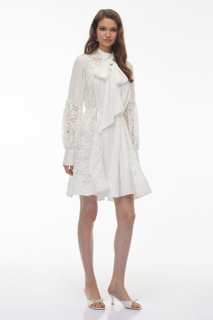 Zosime White Mini Dress with Floral Lace Panels