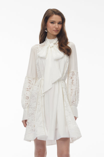 Zosime White Mini Dress with Floral Lace Panels
