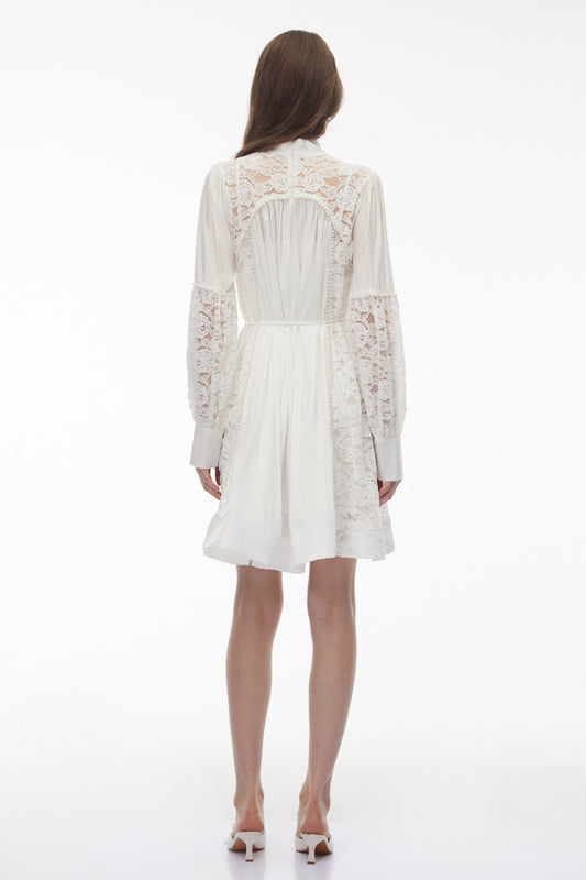 Zosime White Mini Dress with Floral Lace Panels