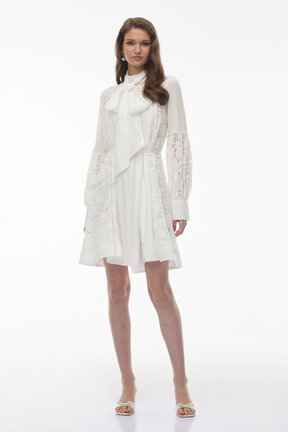 Zosime White Mini Dress with Floral Lace Panels