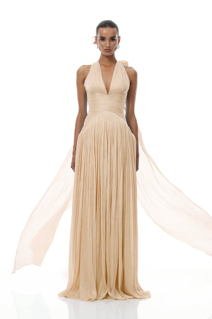 Térébenthine Neutral Glossy Gathered Maxi Dress